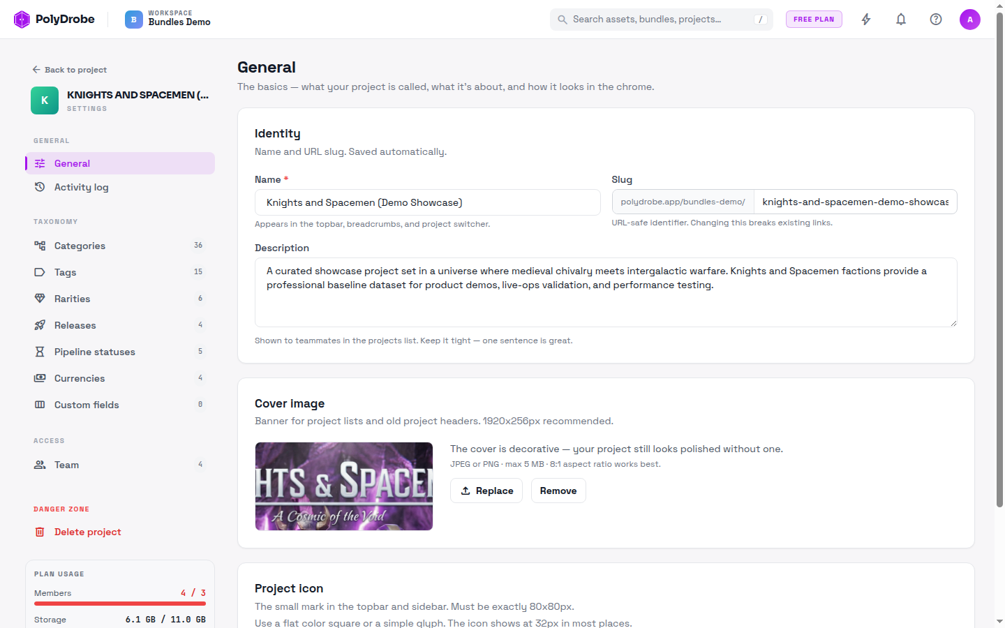 PolyDrobe project settings for categories, rarities, pipeline statuses, and access